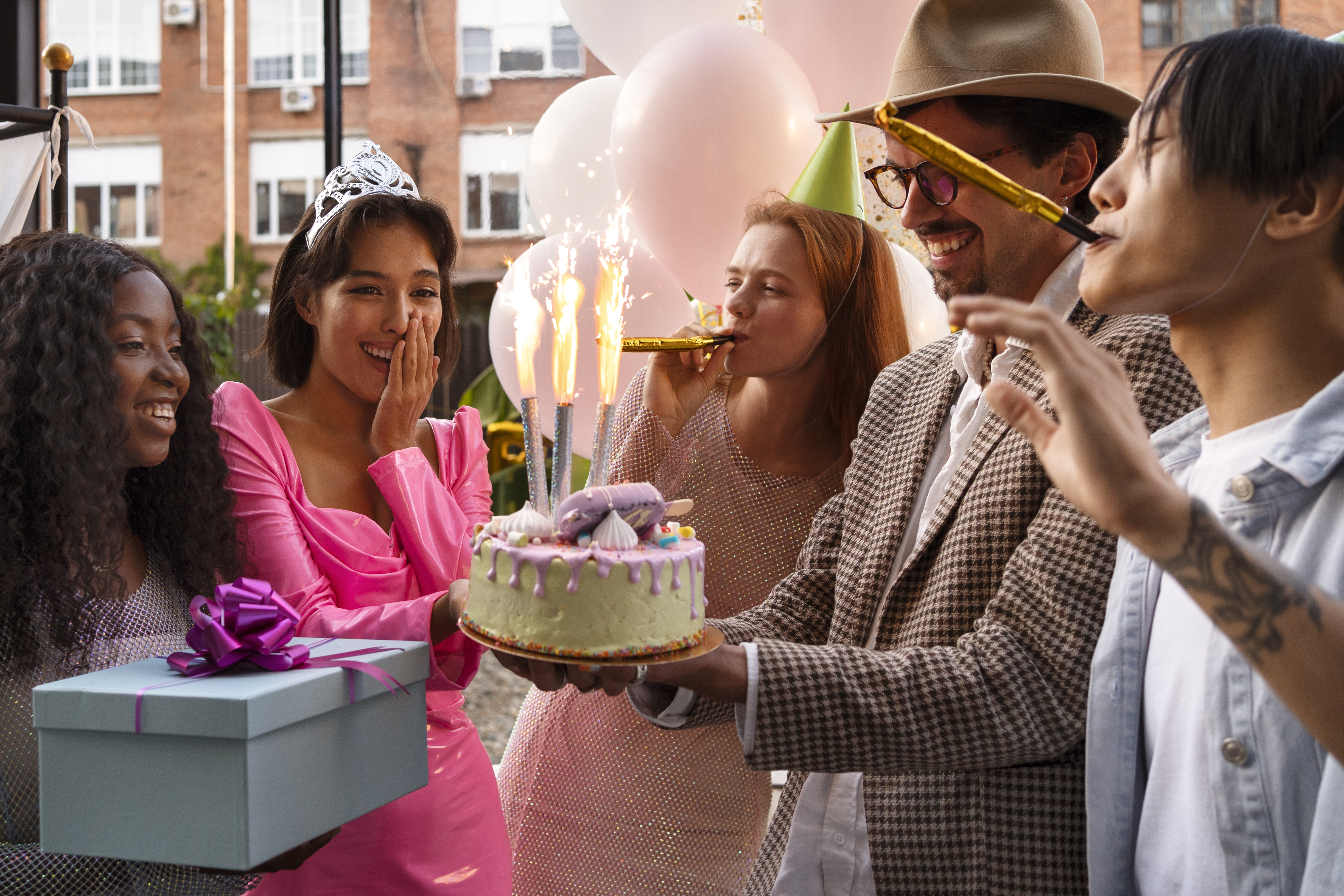 group of people surprise their friend birthday party